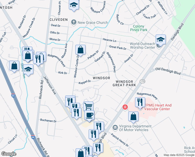 map of restaurants, bars, coffee shops, grocery stores, and more near 726 Keppel Drive in Newport News