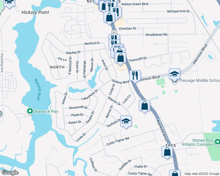 map of restaurants, bars, coffee shops, grocery stores, and more near 10 Linda Drive in Newport News