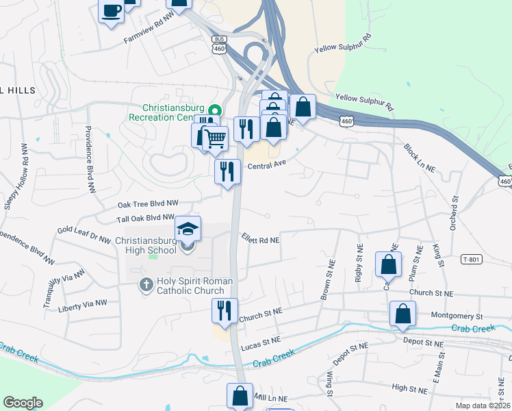 map of restaurants, bars, coffee shops, grocery stores, and more near 120 Akers Farm Road Northeast in Christiansburg