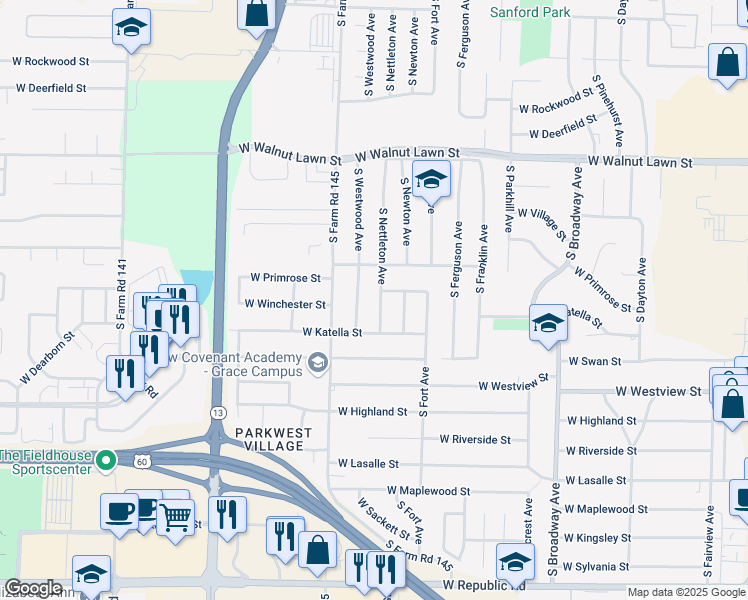 map of restaurants, bars, coffee shops, grocery stores, and more near 3660 South Nettleton Avenue in Springfield