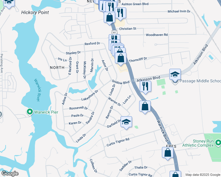 map of restaurants, bars, coffee shops, grocery stores, and more near 10 Linda Drive in Newport News