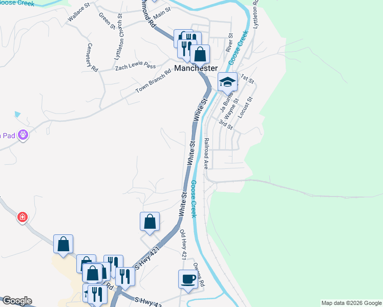 map of restaurants, bars, coffee shops, grocery stores, and more near US Highway 421 in Manchester