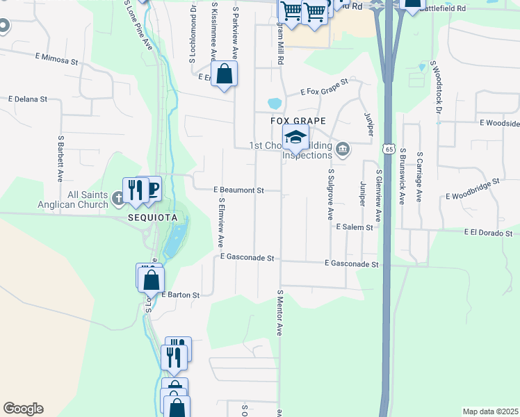 map of restaurants, bars, coffee shops, grocery stores, and more near 3534 South Oak Avenue in Springfield