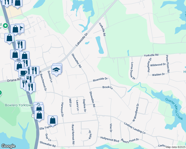 map of restaurants, bars, coffee shops, grocery stores, and more near 114 Castellow Court in Yorktown