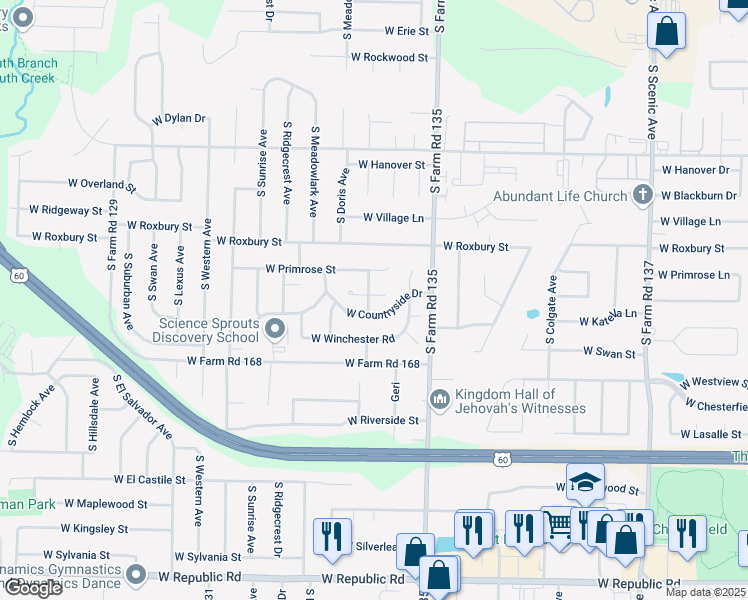 map of restaurants, bars, coffee shops, grocery stores, and more near 3680 South Parkmont Avenue in Springfield