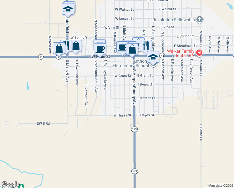 map of restaurants, bars, coffee shops, grocery stores, and more near West Ironton Street in Anthony