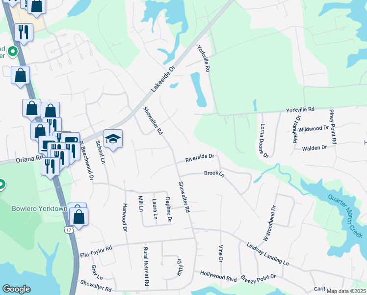 map of restaurants, bars, coffee shops, grocery stores, and more near 114 Castellow Court in Yorktown