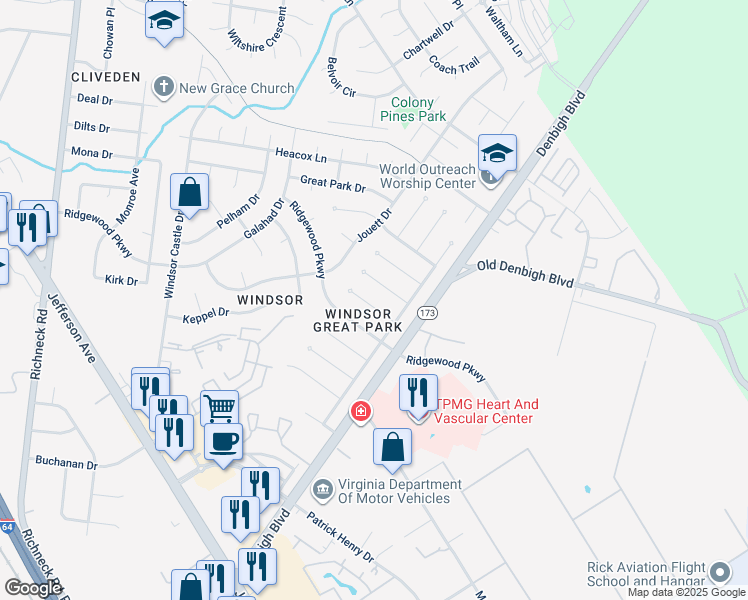 map of restaurants, bars, coffee shops, grocery stores, and more near 18 Dinwiddie Place in Newport News