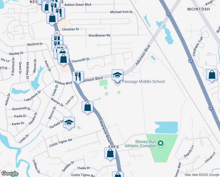 map of restaurants, bars, coffee shops, grocery stores, and more near 400 Atkinson Way in Newport News