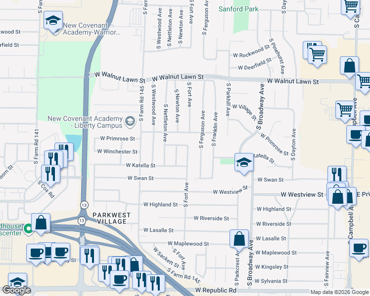 map of restaurants, bars, coffee shops, grocery stores, and more near 3661 South Fort Avenue in Springfield