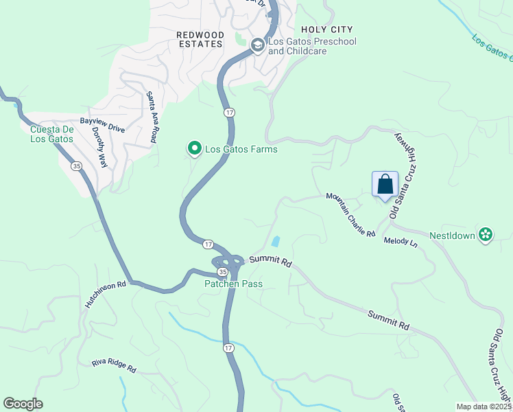 map of restaurants, bars, coffee shops, grocery stores, and more near 17951 Mountain Charlie Road in Los Gatos
