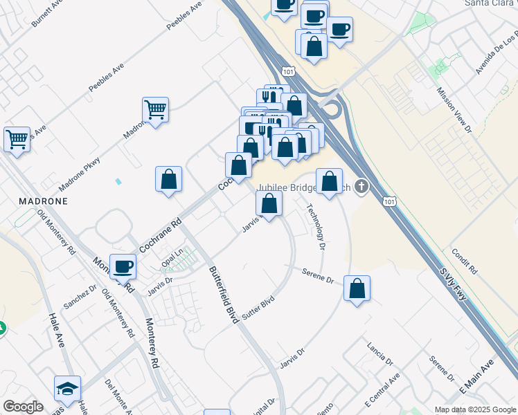 map of restaurants, bars, coffee shops, grocery stores, and more near 18525 Sutter Boulevard in Morgan Hill