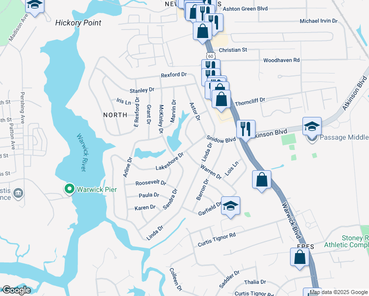 map of restaurants, bars, coffee shops, grocery stores, and more near 20 Lakeshore Drive in Newport News