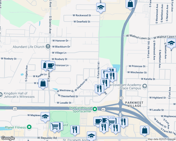 map of restaurants, bars, coffee shops, grocery stores, and more near 3647 South Britain Avenue in Springfield