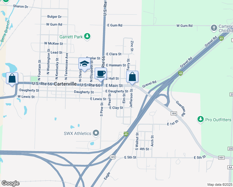 map of restaurants, bars, coffee shops, grocery stores, and more near 607 East Lewis Street in Carterville