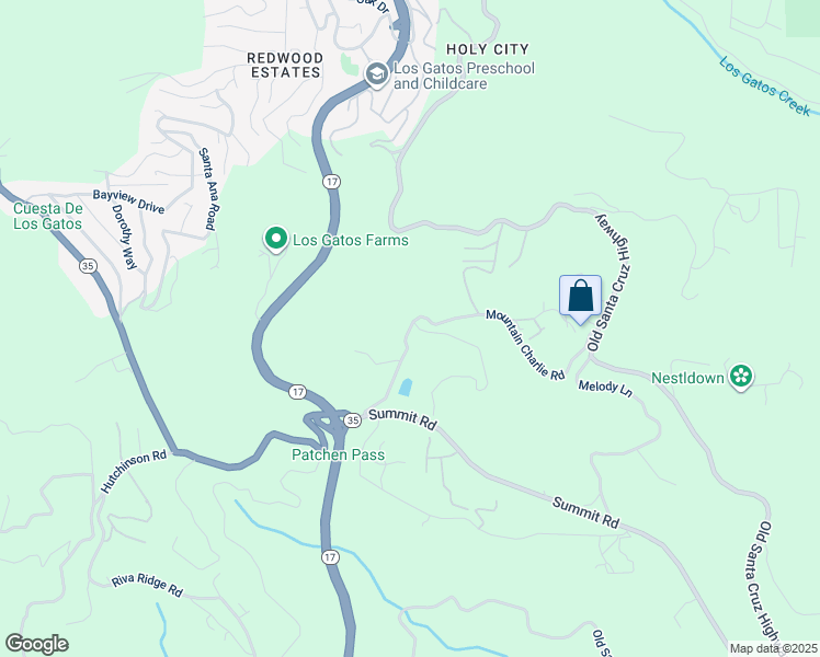 map of restaurants, bars, coffee shops, grocery stores, and more near 18217 Mountain Charlie Road in Los Gatos