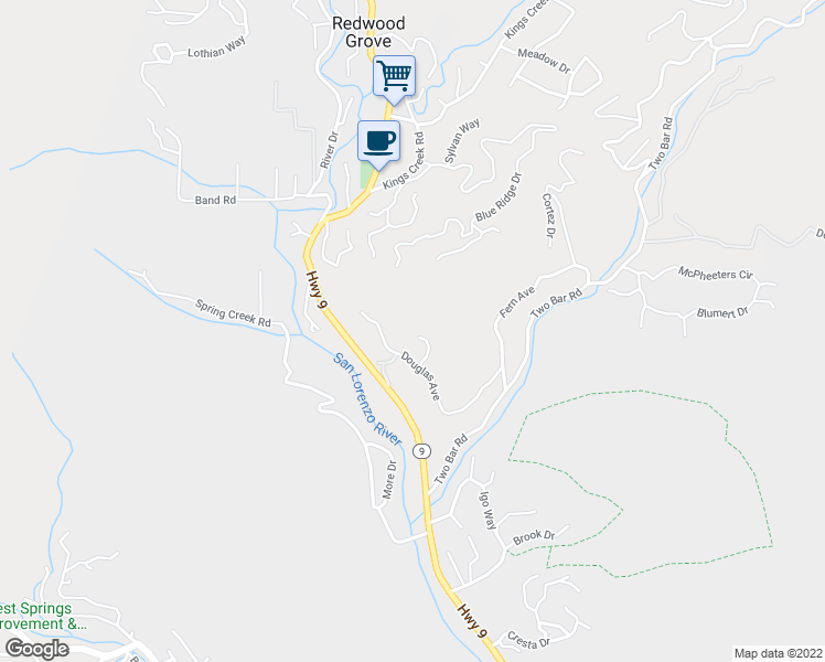 map of restaurants, bars, coffee shops, grocery stores, and more near 300 Dolores Drive in Boulder Creek