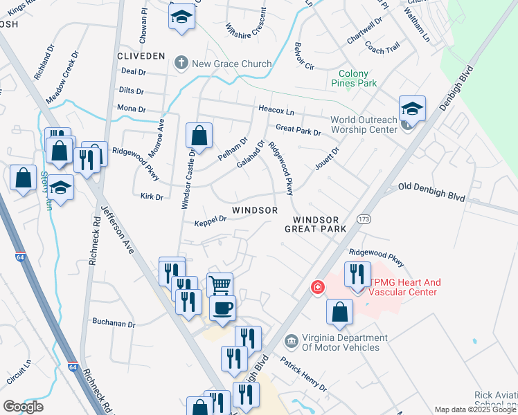 map of restaurants, bars, coffee shops, grocery stores, and more near 1374 Granada Court in Newport News