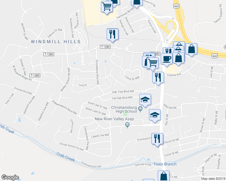 map of restaurants, bars, coffee shops, grocery stores, and more near 605 Tall Oak Boulevard Northwest in Christiansburg
