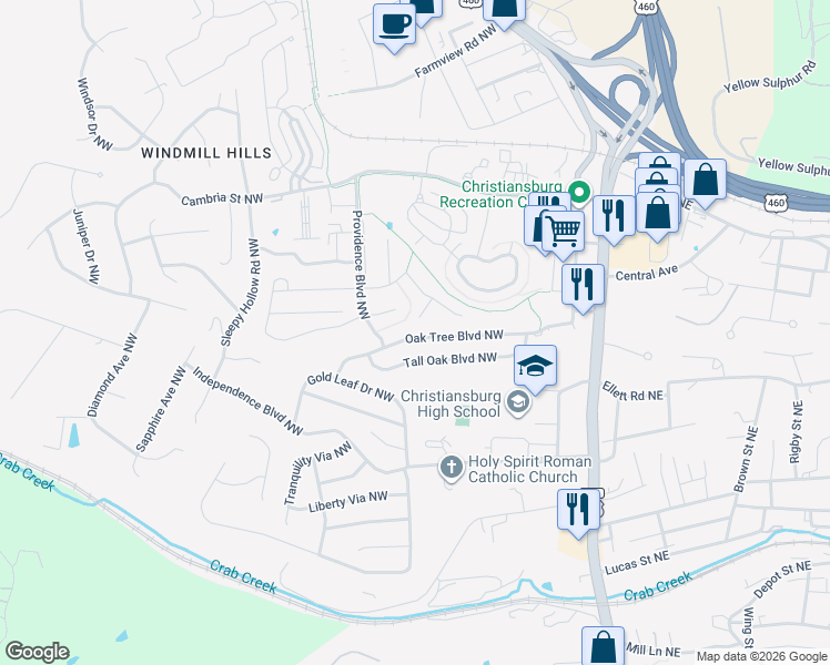 map of restaurants, bars, coffee shops, grocery stores, and more near 605 Tall Oak Boulevard Northwest in Christiansburg