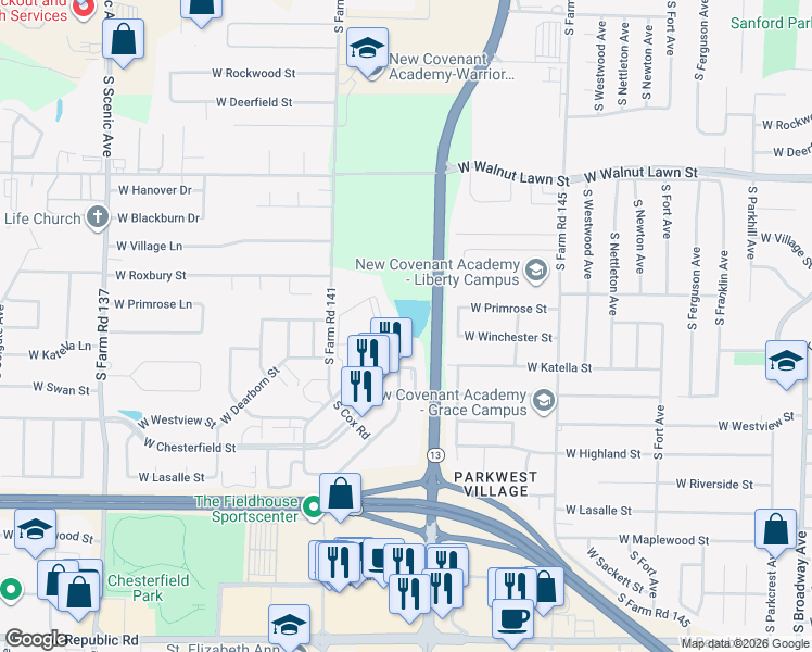 map of restaurants, bars, coffee shops, grocery stores, and more near 3360 South Cox Road in Springfield