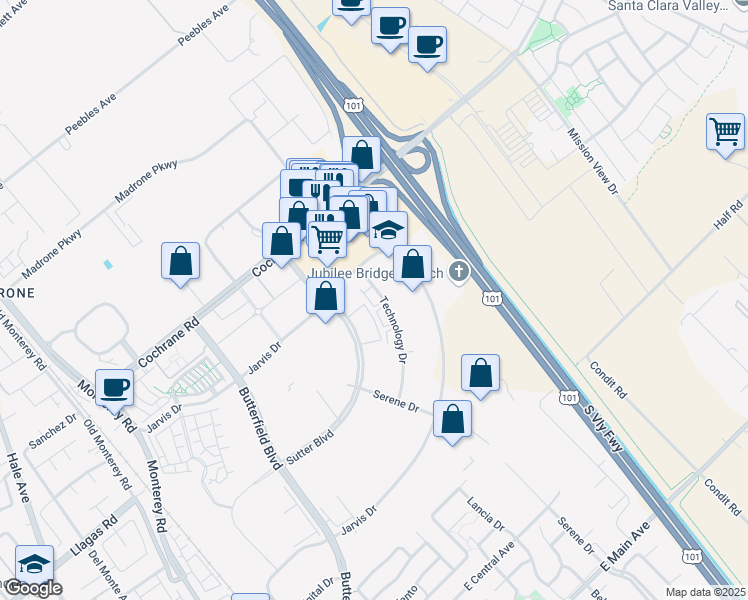 map of restaurants, bars, coffee shops, grocery stores, and more near 18425 Technology Drive in Morgan Hill