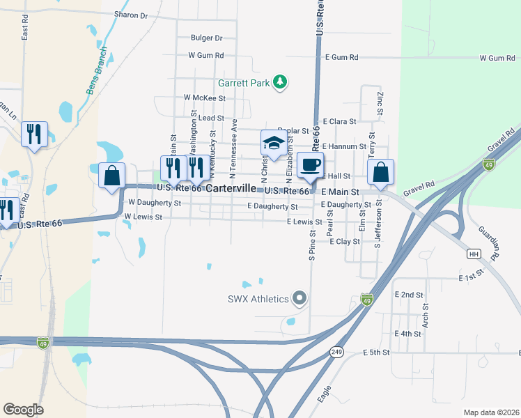 map of restaurants, bars, coffee shops, grocery stores, and more near 101-199 E Lewis St in Carterville