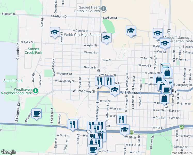 map of restaurants, bars, coffee shops, grocery stores, and more near 189 N Madison Ave in Webb City
