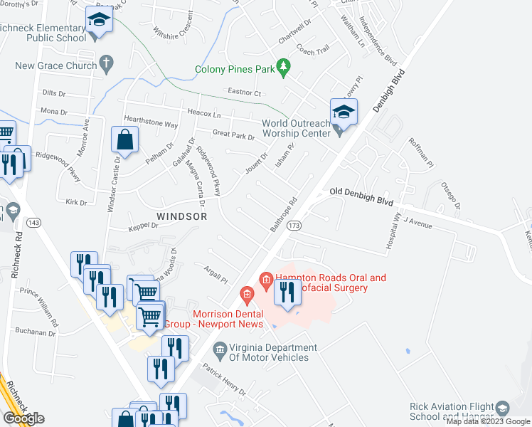 map of restaurants, bars, coffee shops, grocery stores, and more near 15 Effingham Place in Newport News