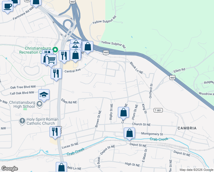 map of restaurants, bars, coffee shops, grocery stores, and more near 1384 Rigby Street Northeast in Christiansburg