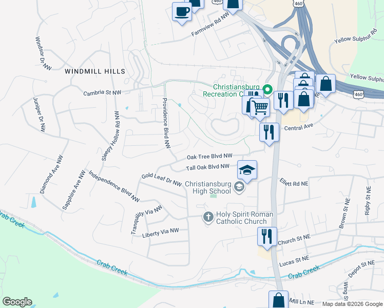 map of restaurants, bars, coffee shops, grocery stores, and more near 605 Tall Oak Boulevard Northwest in Christiansburg