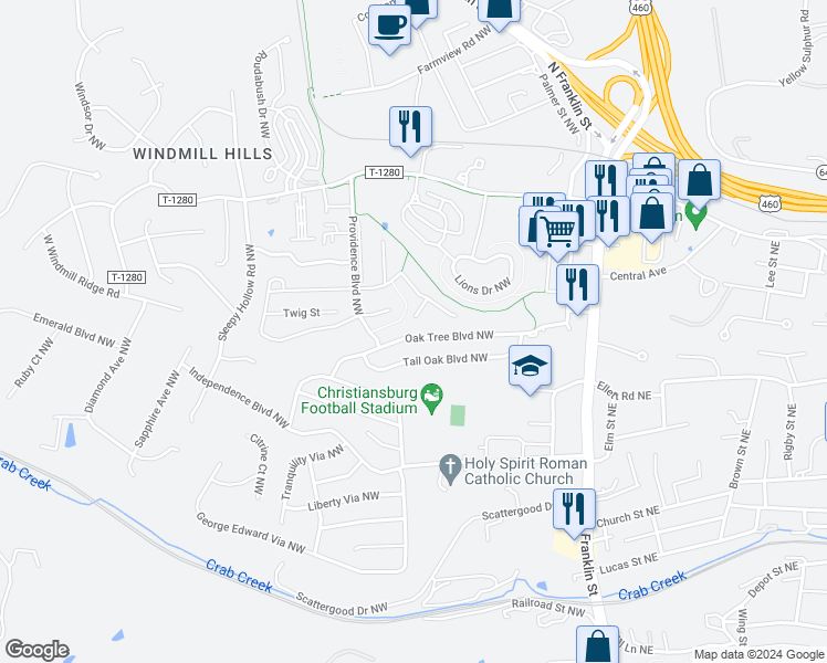 map of restaurants, bars, coffee shops, grocery stores, and more near 805 Oak Tree Boulevard Northwest in Christiansburg