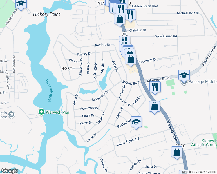 map of restaurants, bars, coffee shops, grocery stores, and more near 20 Lakeshore Drive in Newport News