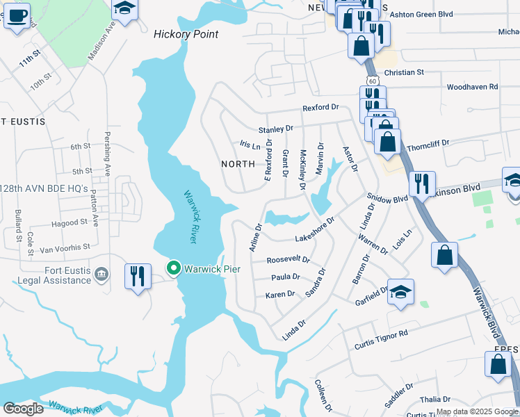 map of restaurants, bars, coffee shops, grocery stores, and more near 37 Arline Drive in Newport News