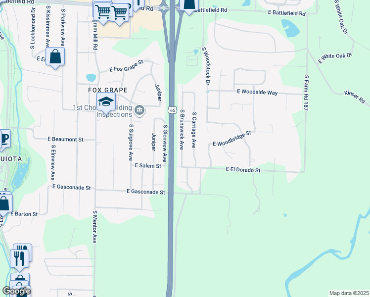 map of restaurants, bars, coffee shops, grocery stores, and more near 3460 South Brunswick Avenue in Springfield