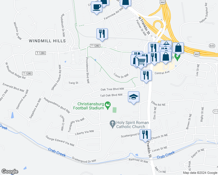 map of restaurants, bars, coffee shops, grocery stores, and more near 685 Oak Tree Boulevard Northwest in Christiansburg