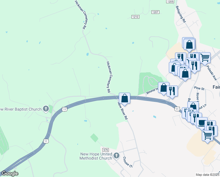 map of restaurants, bars, coffee shops, grocery stores, and more near 6573-6575 Hickman Cemetery Road in Radford