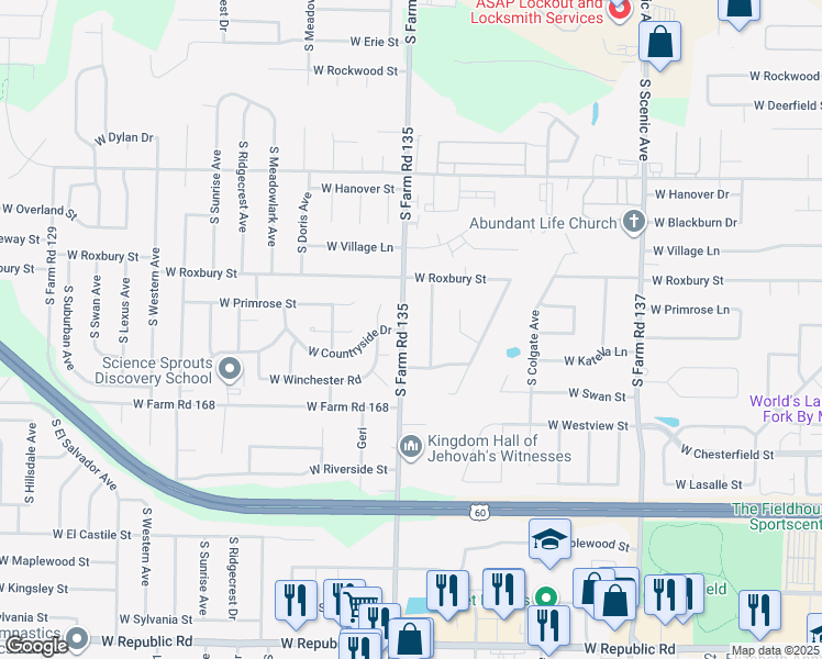 map of restaurants, bars, coffee shops, grocery stores, and more near 3642 South Farm Road 135 in Springfield