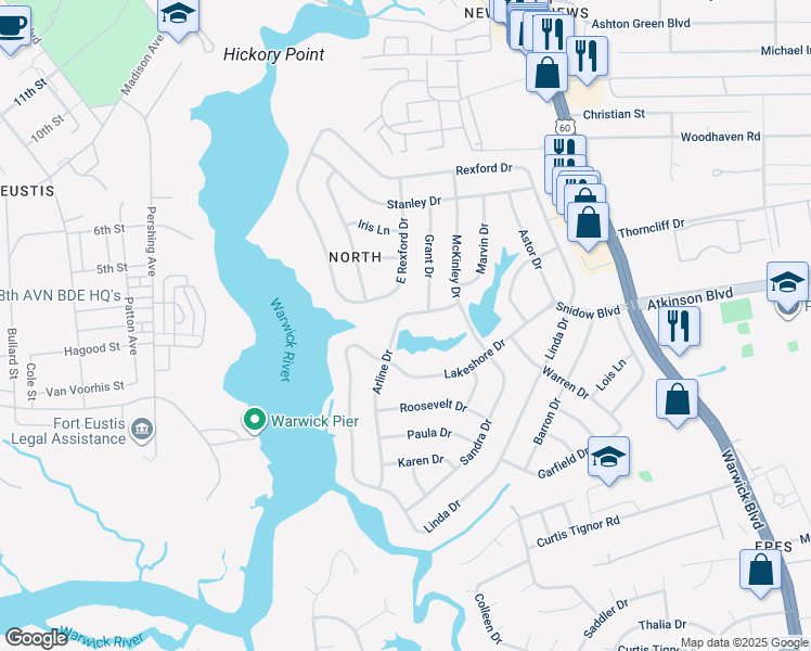 map of restaurants, bars, coffee shops, grocery stores, and more near 40 Arline Drive in Newport News
