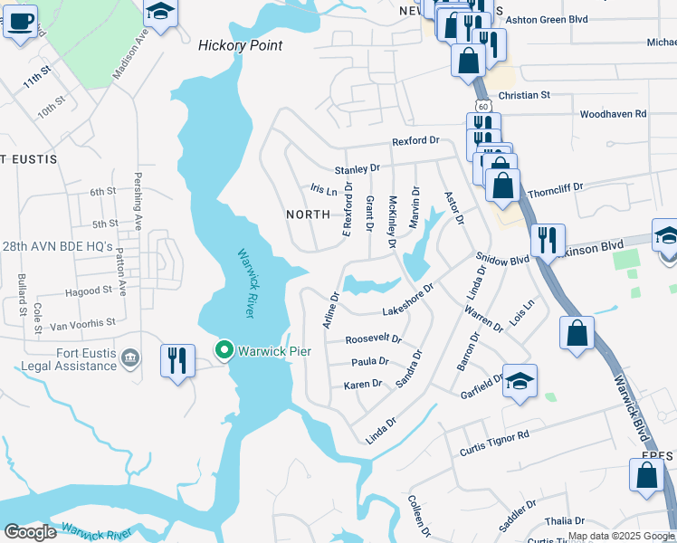map of restaurants, bars, coffee shops, grocery stores, and more near 37 Arline Drive in Newport News