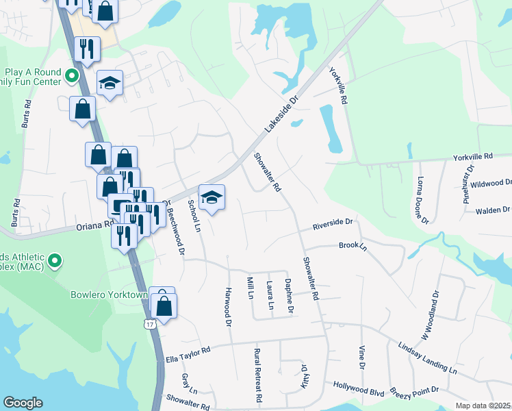 map of restaurants, bars, coffee shops, grocery stores, and more near 108 Bailey Road in Yorktown