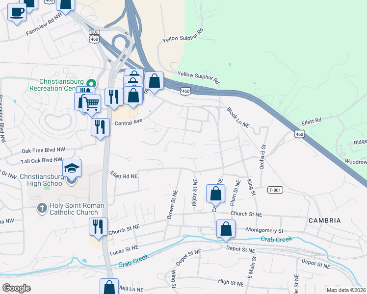 map of restaurants, bars, coffee shops, grocery stores, and more near 465 Newcomb Street in Christiansburg