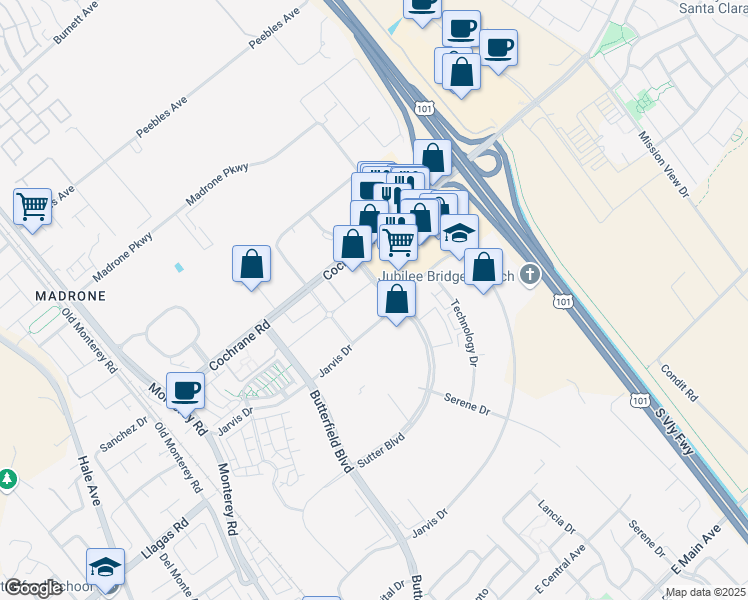 map of restaurants, bars, coffee shops, grocery stores, and more near 18525 Sutter Boulevard in Morgan Hill