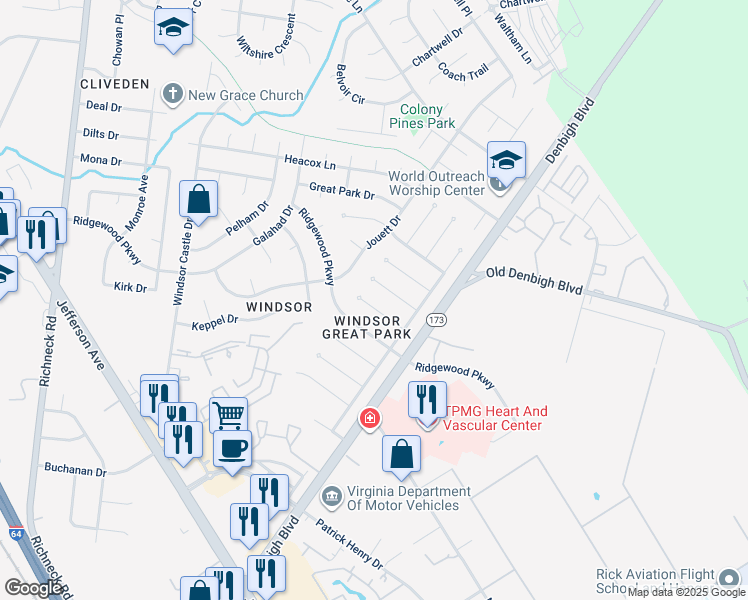 map of restaurants, bars, coffee shops, grocery stores, and more near 22 Dinwiddie Place in Newport News