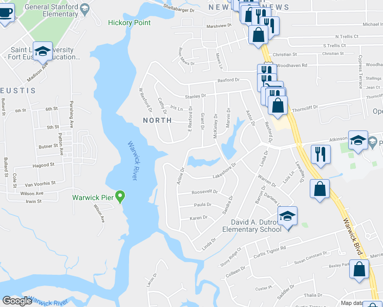 map of restaurants, bars, coffee shops, grocery stores, and more near 40 Arline Drive in Newport News