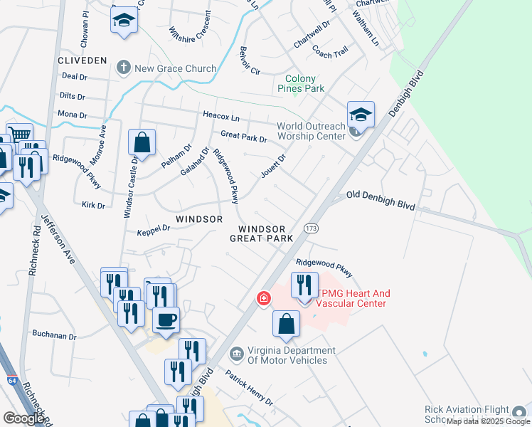 map of restaurants, bars, coffee shops, grocery stores, and more near 22 Dinwiddie Place in Newport News