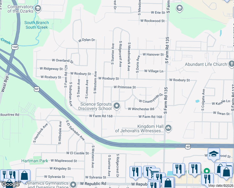 map of restaurants, bars, coffee shops, grocery stores, and more near 3380 West Primrose Street in Springfield