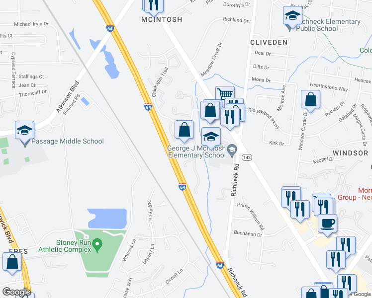 map of restaurants, bars, coffee shops, grocery stores, and more near 471 Crosland Court in Newport News
