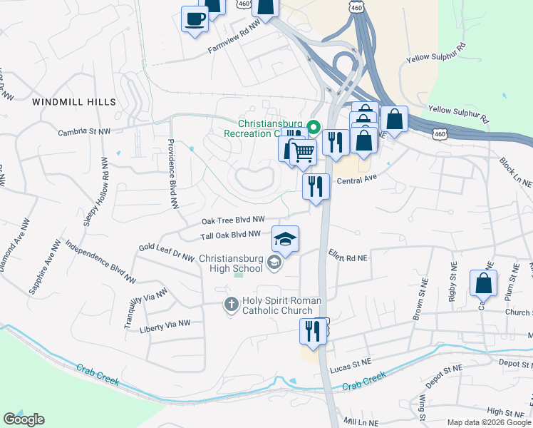 map of restaurants, bars, coffee shops, grocery stores, and more near 355 Oak Tree Boulevard Northwest in Christiansburg