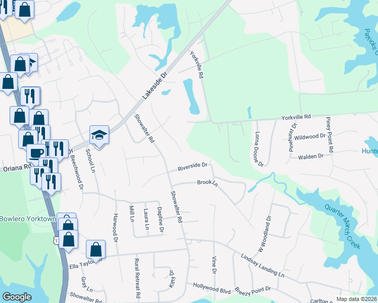 map of restaurants, bars, coffee shops, grocery stores, and more near 113 Castellow Court in Yorktown